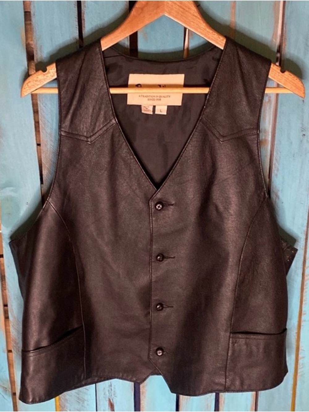 Pioneer Wear western leather vest size large black nylon lining button up
